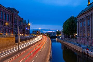 Dusk Stockholm City Canal with Light Trails