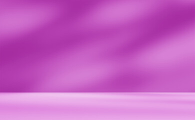 Empty purple pink studio room for product presentation with shadow of tree leaves on the wall. Interior concrete wall and floor design backdrop for displaying products. Shadow overlay effect.