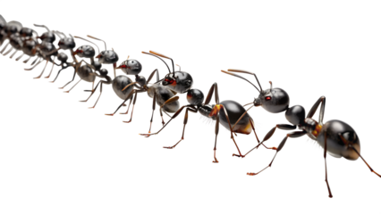 A line of ants marching in unison isolated on a transparent background, demonstrating teamwork and collaboration in their natural behavior