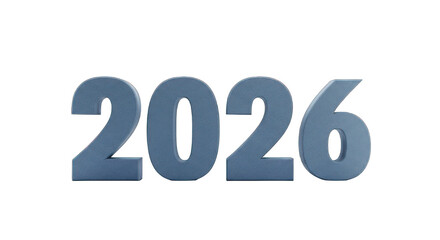 2026 rendered in matte blue, 3D digits float on black