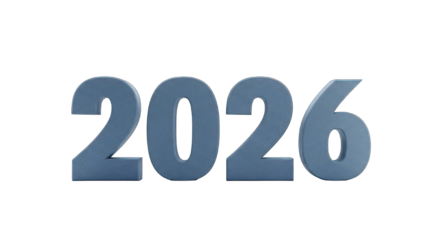 2026 rendered in matte blue, 3D digits float on black