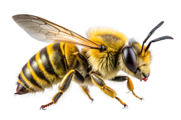 Closeup macro shot of a honey bee with detailed wings, legs, and antennae, isolated on a transparent background, showcasing its intricate anatomy and importance in nature