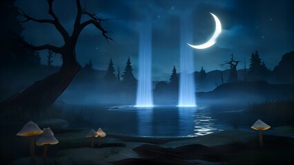 A hauntingly beautiful nocturnal landscape, featuring eerie wisps of mist rising from a dark lake under a crescent moon. Shadows of ancient, twisted trees loom in the background, while luminescent mus