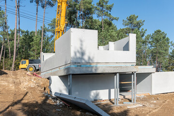 Construction site of an new built house with precast concrete walls. Galicia, Spain