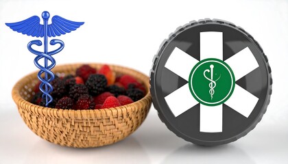 Basket of mixed berries next to a medical symbol.
