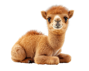 Adorable baby camel lying down, fluffy fur and endearing expression