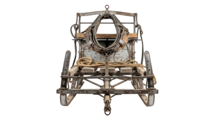 Antique metal horse-drawn wagon chassis. Old, weathered, centered, rustic