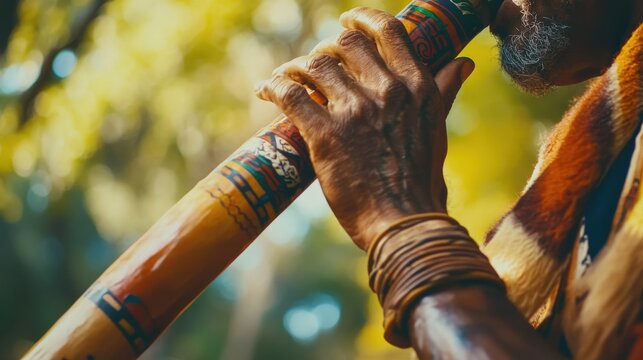 Close-up of a person playing a decorated didgeridoo.