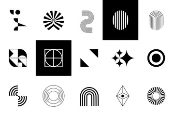 Collection of 16 Abstract Geometric Black and White Icons: Modern Minimalist Design Elements