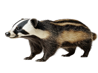 Badger with white stripes on face and head, facing left