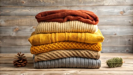 A neat stack of cozy, warm knit sweaters in various autumnal colors like ochre, rust, and beige, neatly folded and arranged on a rustic wooden surface with a pinecone and sprig of greenery, evoking a 
