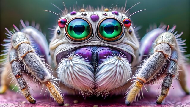 Extreme closeup portrait of a vibrant and fuzzy jumping spider with large, colorful eyes and intricate details, showcasing its unique features and fascinating texture in a macro wildlife photography s