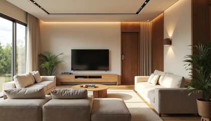 Modern living room featuring plush sectional sofa, accent chairs, bathed in natural daylight. Offers cozy, stylish, functional space with integrated smart home technology for ultimate comfort,