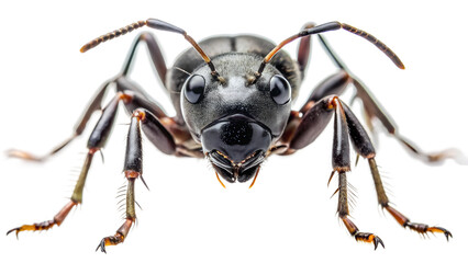 Front view macro shot of a black ant insect with detailed anatomy, including segmented body, antennae, and mandibles, isolated on transparent background
