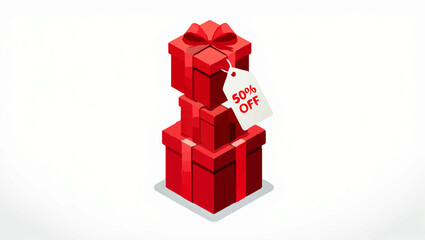 Red Gift Boxes Stacked High with 50% Off Tag

