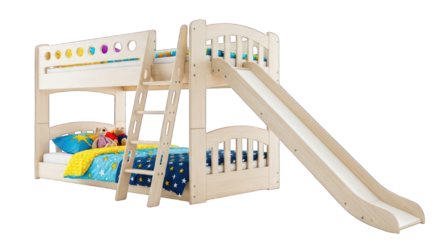 Bunk bed with ladder and slide, colorful bedding and a few toys