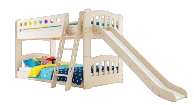 Bunk bed with ladder and slide, colorful bedding and a few toys