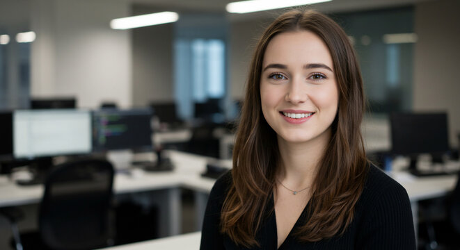 A young, confident businesswoman smiling in a modern office environment, representing professionalism and success in the corporate world - Powered by Adobe