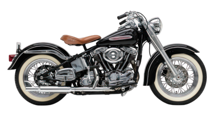 Classic motorcycle, black, chrome accents, tan seat, white-wall tires, detailed