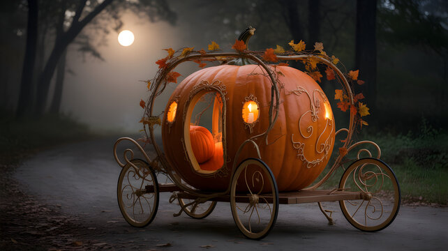 A magical pumpkin carriage on a foggy road under the moonlight at night - Powered by Adobe
