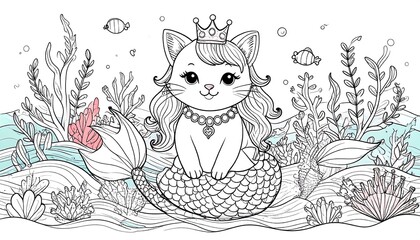 Cute, outlined cat mermaid in an underwater scene, ready for coloring.