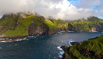 Rugged coastal landscape showcases dramatic cliffs, lush greenery, and a tranquil body of water, bathed in the soft light of a partly cloudy day.