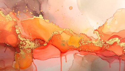 Abstract artwork featuring flowing, vibrant hues of orange and pink, accented by golden flecks, creating a captivating and mesmerizing visual experience.