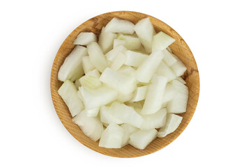 Onion slices in a wooden bowl isolated on a white background. Top view. Flat lay.