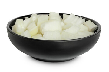 Onion slices in a ceramic bowl isolated on a white background