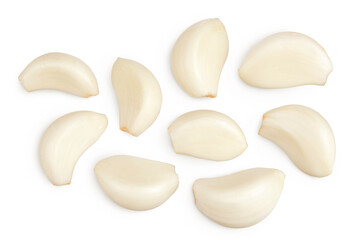 garlic cloves isolated on white background close up. Top view. Flat lay.