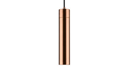 Copper-colored, cylindrical pendant lamp suspended against black