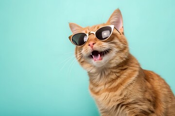 Cool orange tabby cat wearing sunglasses and looking up with mouth open against a teal background