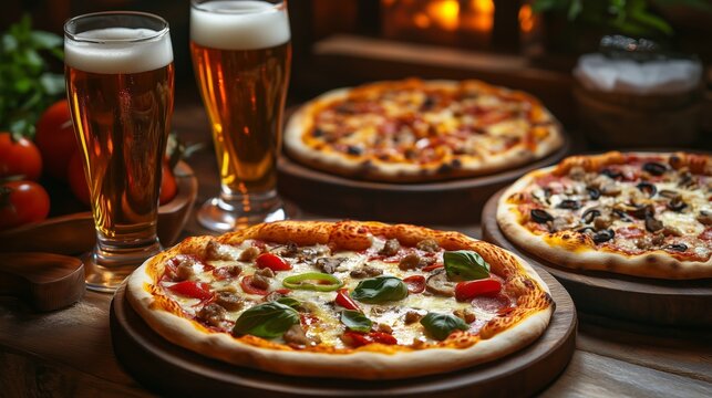 Delicious pizzas served with cold beer in a cozy restaurant setting at night