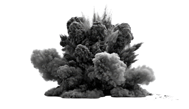 A large, dark gray and black explosion, with billowing, textured plumes of smoke radiating outward against a pure black background.  Dense, fluffy cloud of debris