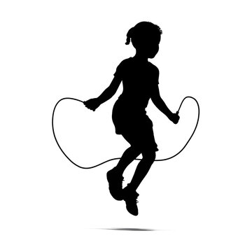 Girl Jumping Rope Silhouette - Active Child Fitness, Exercise, and Childhood Fun on White Background