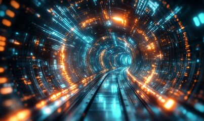 Obraz premium Futuristic Tunnel With Illuminated Pathways and Glowing Effects at Nighttime.