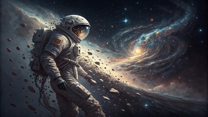 Naklejka premium Astronaut Dissolving into the Infinite Galaxy 