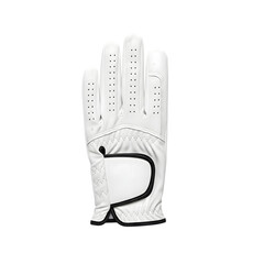 A professional studio photograph of a classic white golf glove with a black strap, a useful piece of golf equipment, fully visible and perfectly isolated on transparent background.