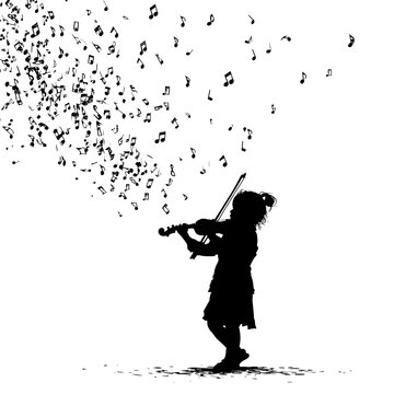 Silhouette of a Young Girl Playing Violin with Music Notes Floating Around - Musical Expression and Childhood Dreams (Black and White)