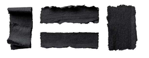 Four dark, textured, ripped rectangular shapes