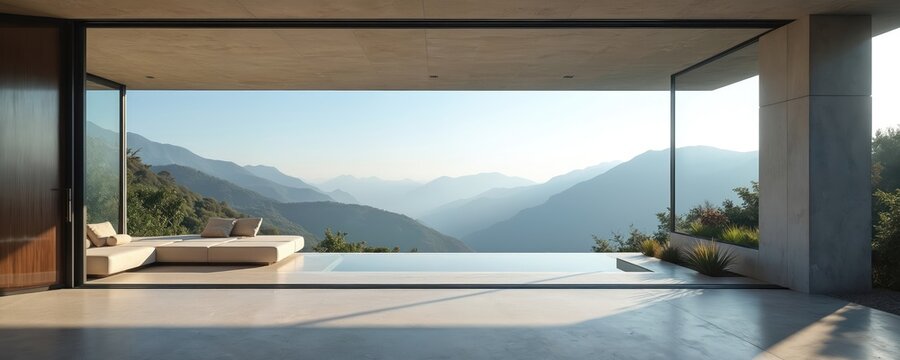 Modern concrete house with expansive glass windows offering stunning mountain valley views. Features an infinity pool and minimalist interior design. Open living space connects indoors with nature.
