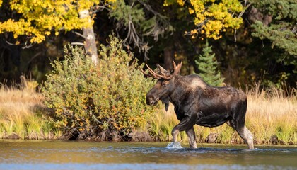 Majestic moose wading through shallow autumnal water.