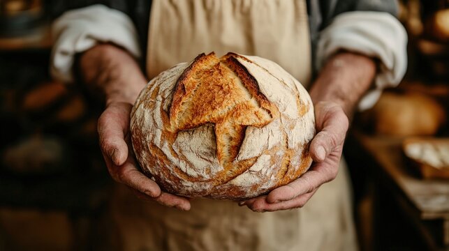 Artisan sourdough bread held in the hands of a baker.