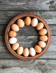 Fresh eggs arranged in a wooden circle