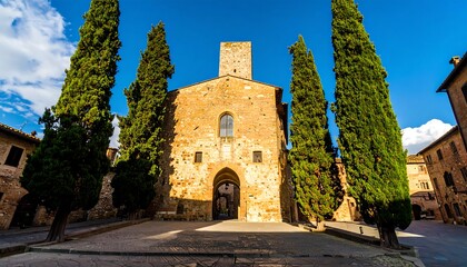 Stone buildings and tall trees in a sunny Italian square.