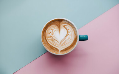 A modern, minimalistic flat lay with vibrant colors and high contrast, featuring a heart-shaped latte art foam on top of a pastel split background.