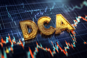 3D golden DCA text symbolizing investment diversification and dollar cost averaging on financial stock graph
