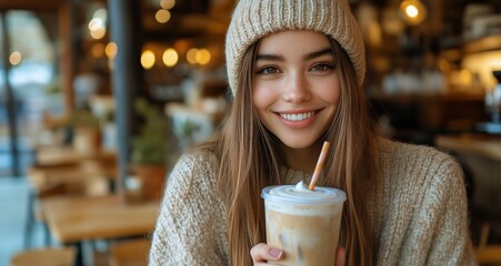 Young Woman Enjoys Iced Coffee in Cozy Cafe During Winter Afternoon