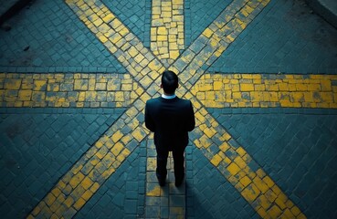 Businessman in suit stands at urban crossroad, yellow lines on dark pavement. He contemplates future, making decisive choice. Symbolizes business, planning, and career path.