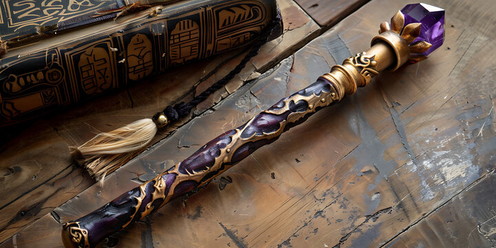 "Purple and Gold Wand with Amethyst Top Resting on Wooden Surface"